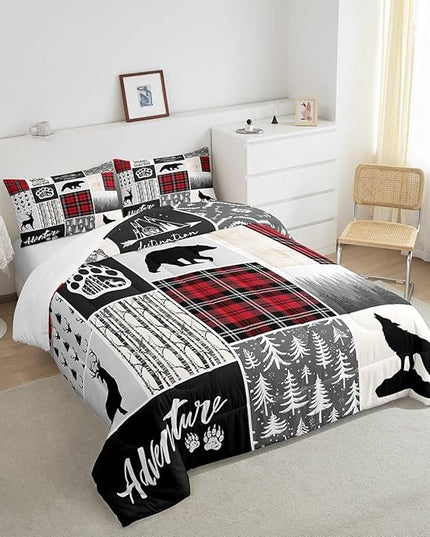 Deer Antlers Comforter Set Twin Size,Bear Paws Pine Trees Xmas Bedding Set for Kids Boys Girls Adults Room Decor,Lattices Patchwork Rustic Farmhouse Down Comforter,Red Duvet Insert,1 Pillowcase - LeafyLoom