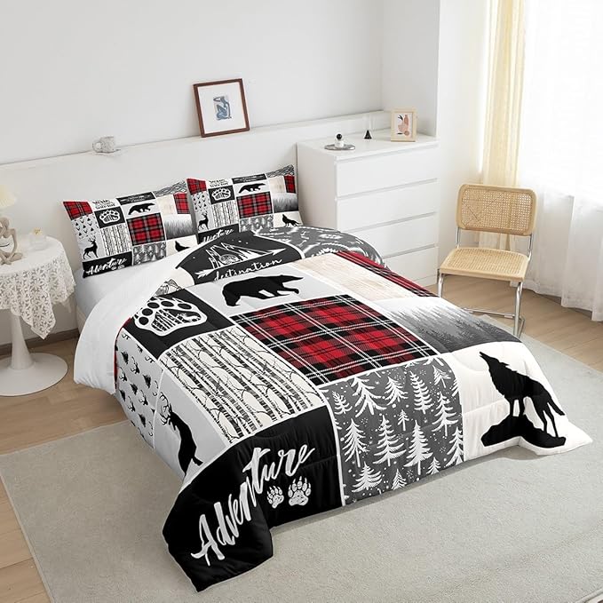 Deer Antlers Comforter Set Twin Size,Bear Paws Pine Trees Xmas Bedding Set for Kids Boys Girls Adults Room Decor,Lattices Patchwork Rustic Farmhouse Down Comforter,Red Duvet Insert,1 Pillowcase - LeafyLoom