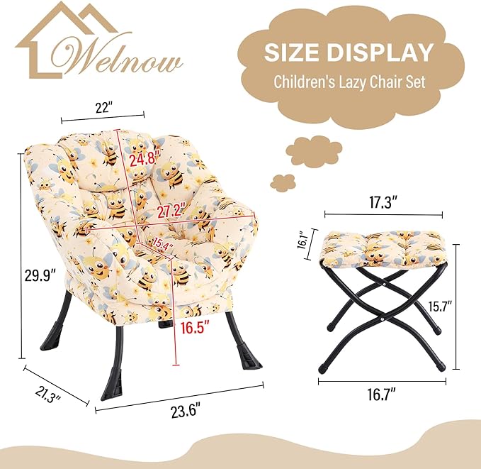 Welnow Toddler Kids Lazy Chair with Ottoman, Glow in The Dark Accent Comfy Lounge Children Armchair Couch with Removable Cover, Detachable Reading Chair with Footrest for Boy or Girl, Bees - LeafyLoom