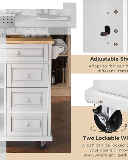 Kitchen Island with Storage, Rolling Table on Wheels w/5 Drawers for Dinning Room, Rubber Wood Contertop - LeafyLoom