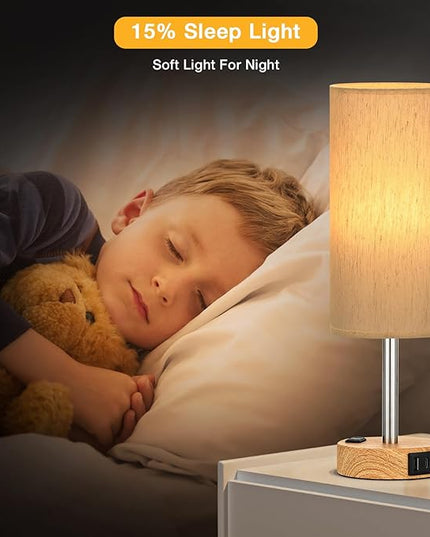 Touch Bedside Table Lamps Set - 3 Way Dimmable Bedroom Lamps Set of 2 with USB C and A Ports, Small Lamps for Nightstand with AC Outlet, Wood Base Round Flaxen Shade for Desk, Office, Dorm, Nursery - LeafyLoom