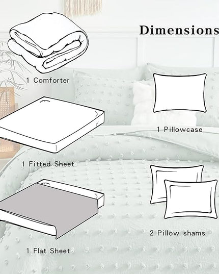 6 Pieces Tufted Dots Bed in a Bag Twin Comforter Set with Sheets Green , Soft and Embroidery Shabby Chic Boho Bohemian Comforters, Solid Color with Pom Pom Design, Jacquard Tufts Bedding Set for Kids - LeafyLoom