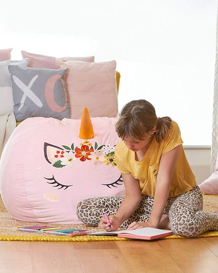 Aubliss Stuffed Animal Storage, Velvet Bean Bag Chairs Cover, X-Large 38" Ultra Soft Kids Toy Storage Organizer for Blankets Towels Clothes, Unicorn Pink Floral - LeafyLoom
