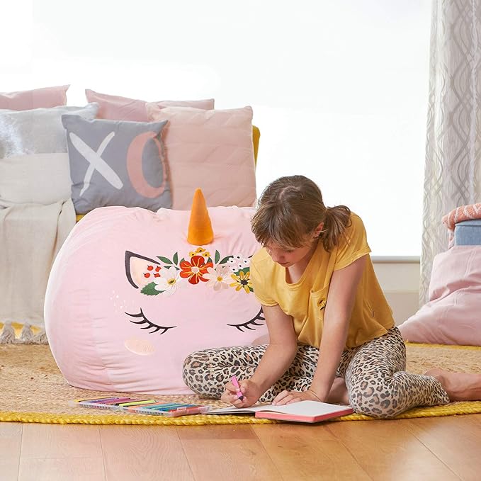 Aubliss Stuffed Animal Storage, Velvet Bean Bag Chairs Cover, X-Large 38" Ultra Soft Kids Toy Storage Organizer for Blankets Towels Clothes, Unicorn Pink Floral - LeafyLoom