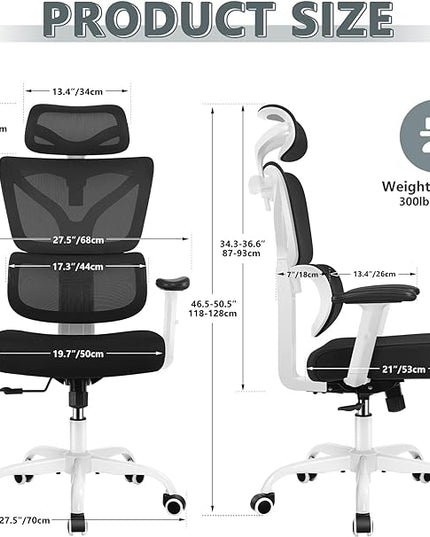 Office Chair Ergonomic Desk Chair, High Back Gaming Chair, Big and Tall Reclining chair Comfy Home Office Desk Chair Lumbar Support Breathable Mesh Computer Chair Adjustable Armrests (White) - LeafyLoom