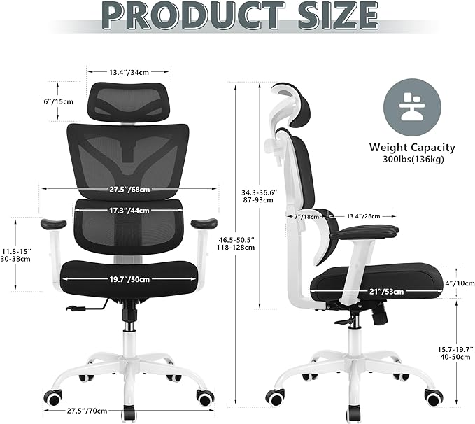 Office Chair Ergonomic Desk Chair, High Back Gaming Chair, Big and Tall Reclining chair Comfy Home Office Desk Chair Lumbar Support Breathable Mesh Computer Chair Adjustable Armrests (White) - LeafyLoom