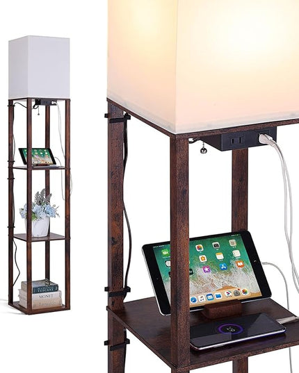 Floor Lamp with Shelves, Shelf Floor Lamps for Living Room with 2 USB Charging Ports and Power Outlet, 3CCT Modern Corner Square Display Standing Lamp 4-Tier Tall Bookshelf Lamp for Bedroom - LeafyLoom