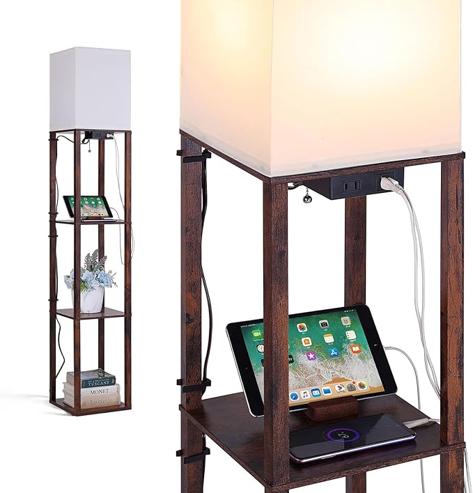 Floor Lamp with Shelves, Shelf Floor Lamps for Living Room with 2 USB Charging Ports and Power Outlet, 3CCT Modern Corner Square Display Standing Lamp 4-Tier Tall Bookshelf Lamp for Bedroom - LeafyLoom