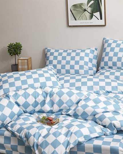 Wellboo Blue White Plaid Comforter Sets Queen Women Men Light Blue and White Checkerboard Grid Bedding Comforters Cotton Boys Girls Modern Dusty Blue Checkered Geometric Quilts Luxury Sky Blue Bed - LeafyLoom