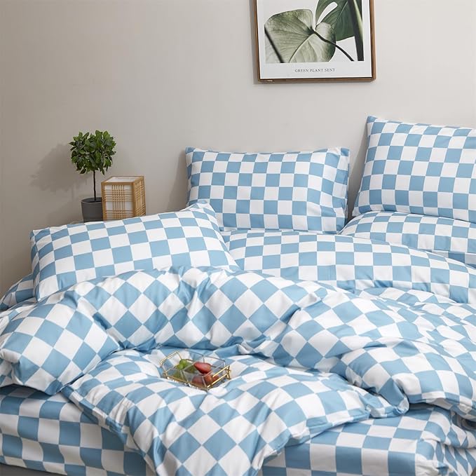 Wellboo Blue White Plaid Comforter Sets Queen Women Men Light Blue and White Checkerboard Grid Bedding Comforters Cotton Boys Girls Modern Dusty Blue Checkered Geometric Quilts Luxury Sky Blue Bed - LeafyLoom