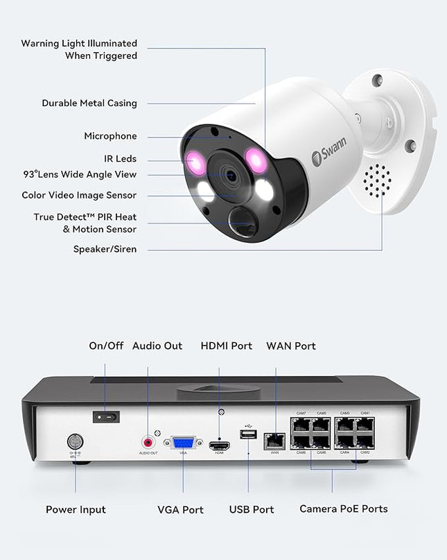 Swann Home Security Camera System with 2TB HDD, 8 Channel 4 Cam, POE Cat5e NVR 4K HD Video, Indoor or Outdoor Wired Surveillance CCTV, Color Night Vision, Heat Motion Detection, LED Lights, 886804FB SwannUSA