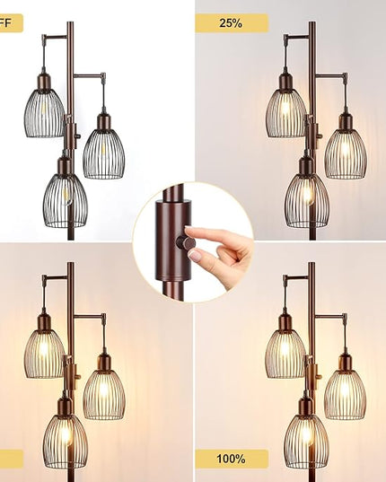 Dimmable Floor Lamp, 3 x 800LM LED Edison Bulbs Included, Farmhouse Industrial Floor Lamp Standing Lamp with Elegant Teardrop Cage Head Tall Lamp for Living Room Bedroom Office Dining Room - Brown - LeafyLoom