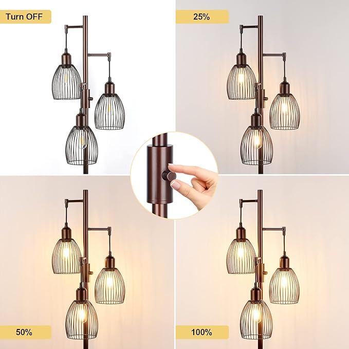 Dimmable Floor Lamp, 3 x 800LM LED Edison Bulbs Included, Farmhouse Industrial Floor Lamp Standing Lamp with Elegant Teardrop Cage Head Tall Lamp for Living Room Bedroom Office Dining Room - Brown - LeafyLoom