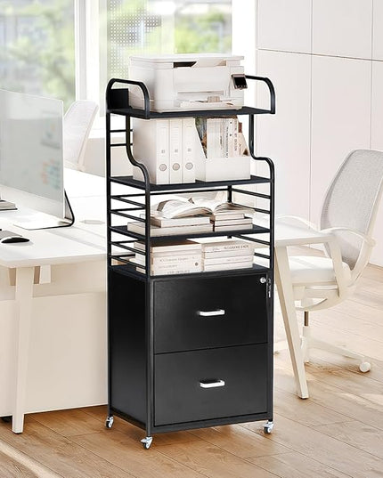 Vertical File Cabinet, 2 Drawer Mobile Filing Cabinet with 3 Bookshelf, Printer Stand with Open Storage Shelves Fits A4/Letter/Legal Size File Cabinets for Home Office Organizer, Black - LeafyLoom