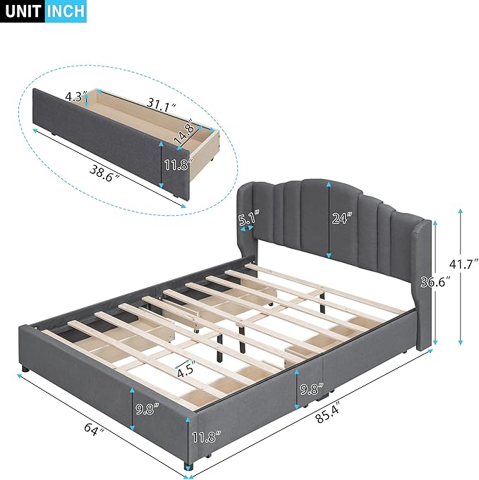 Queen Size Bed Frame with 4 Storage Drawers & Headboard Linen Upholstered Platform Bed Frame Wingback Beds with Sturdy Wooden Slats Support, Easy Assembly, Noise-Free - LeafyLoom