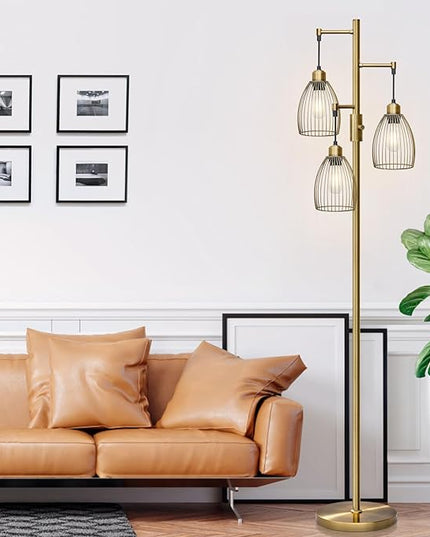Dimmable Floor Lamp, Industrial Floor Lamps for Living Room, Antique Brass Tree Lamp Standing Lamp Tall Lamps with 3 Elegant Teardrop Cage Head & 800 Lumens LED Bulbs for Living Room Bedroom Office - LeafyLoom