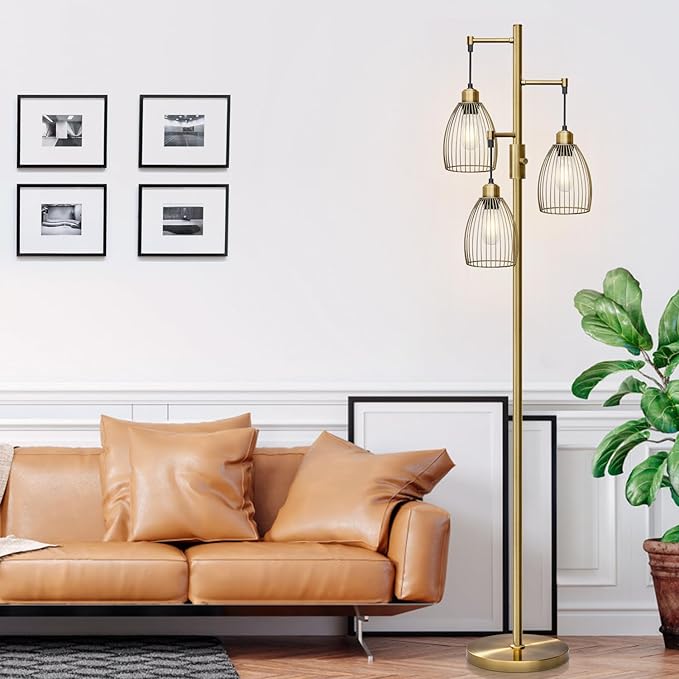 Dimmable Floor Lamp, Industrial Floor Lamps for Living Room, Antique Brass Tree Lamp Standing Lamp Tall Lamps with 3 Elegant Teardrop Cage Head & 800 Lumens LED Bulbs for Living Room Bedroom Office - LeafyLoom