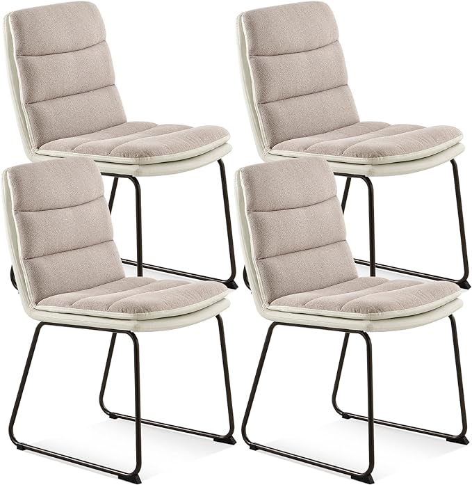 COLAMY Dining Chairs Set of 4, Modern Waffle Fabric Dining Chairs, Faux Leather Kitchen Chairs with Back for Dining Living Waiting Room, Light Brown - LeafyLoom