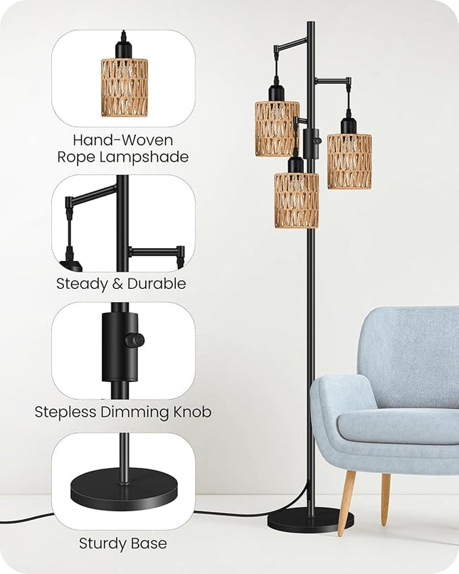 Dimmable Floor Lamp, Farmhouse Tall Standing Tree Lamp with 3 Rope Woven Lampshades, Boho Rattan Floor Lights, 4W 3 LED Bulbs Included, for Living Room, Bedroom, Study, Office B03LD05 - LeafyLoom