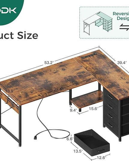 AODK L Shaped Desk with 4 Tier Drawers, 53" Reversible Gaming Desk with Power Outlets, L Shaped Computer Desk with USB Charging Port and Host Stand, Home Office Corner Desk, Easy to Assemble, Vintage - LeafyLoom