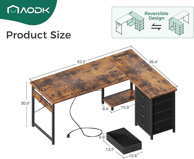 AODK L Shaped Desk with 4 Tier Drawers, 53" Reversible Gaming Desk with Power Outlets, L Shaped Computer Desk with USB Charging Port and Host Stand, Home Office Corner Desk, Easy to Assemble, Vintage - LeafyLoom