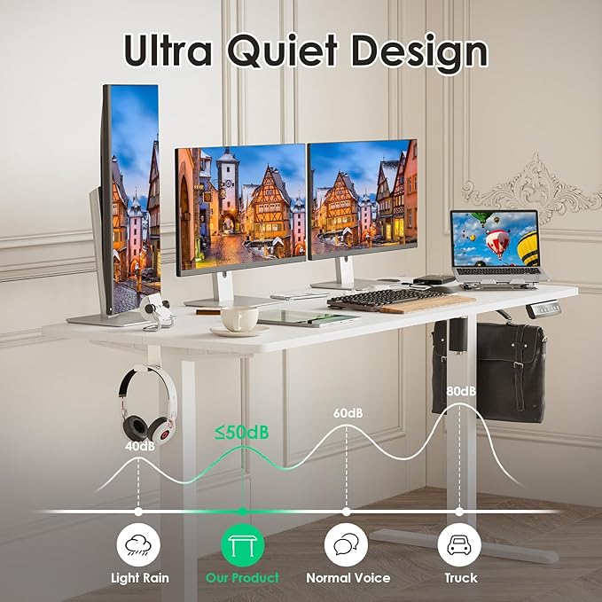 STARY Electric Adjustable Height Sit Stand Home Office Desk with Splice Board, 55x24, White Desktop/White Frame - LeafyLoom