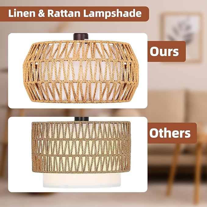 Rattan Standing Lamp with Remote and Dimmable Bulb, Bronze Arch Floor Lamp, Over Couch Lamp with Foot Switch, Brown Boho Lamp for Living Room, Bedroom, Office, Classroom - LeafyLoom
