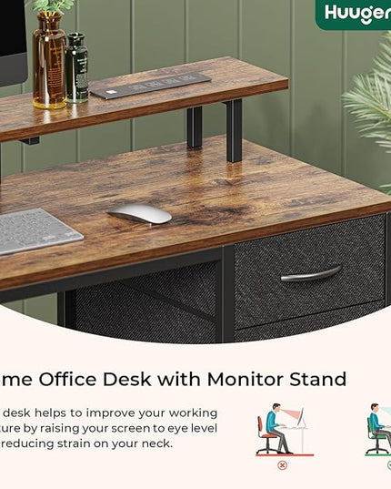 55 inch Computer Desk with 4 Drawers, Gaming Desk with LED Lights & Power Outlets, Home Office Desk with Large Storage Space for Bedroom, Work from Home, Rustic Brown - LeafyLoom