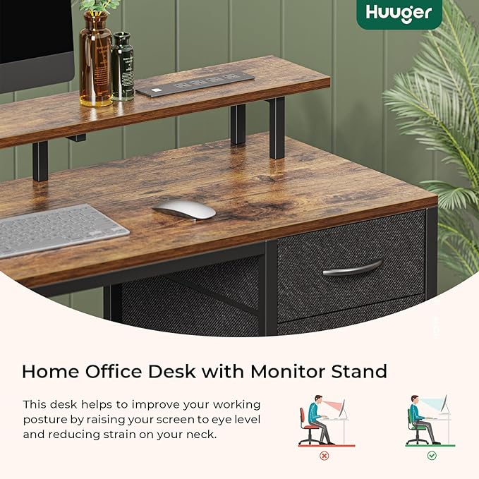 55 inch Computer Desk with 4 Drawers, Gaming Desk with LED Lights & Power Outlets, Home Office Desk with Large Storage Space for Bedroom, Work from Home, Rustic Brown - LeafyLoom