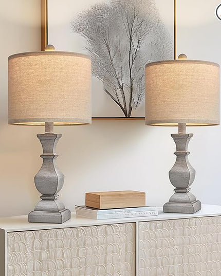 PoKat 20.5'' Table Lamps Set of 2, Vintage Bedside Lamps for Bedroom, Farmhouse Lamp for Living Room, Small Lamp for Nightstand, Retro Side Table Lamp, Grey - LeafyLoom
