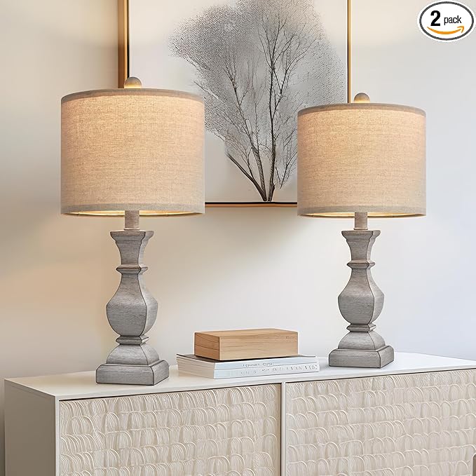 PoKat 20.5'' Table Lamps Set of 2, Vintage Bedside Lamps for Bedroom, Farmhouse Lamp for Living Room, Small Lamp for Nightstand, Retro Side Table Lamp, Grey - LeafyLoom