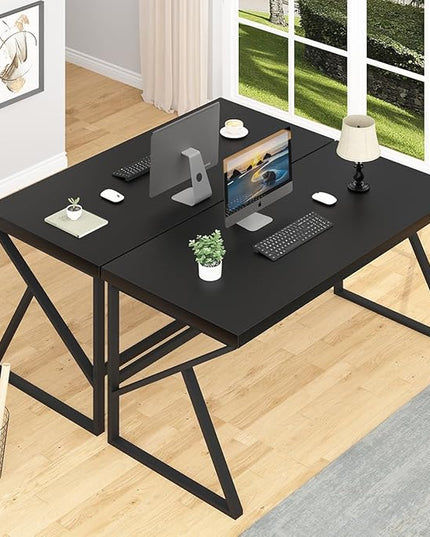 HSH Black Computer Desk, Long Home Office Laptop PC Desk, Large Industrial Metal Wood Executive Writing Gaming Workstation Desk, Modern Simple Student Study Work Table for Bedroom Living Room, 60 Inch - LeafyLoom