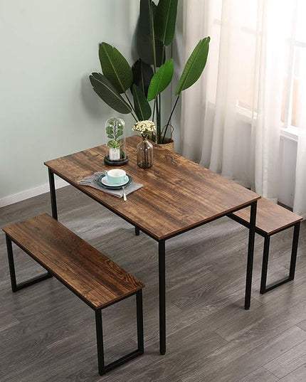 SDHYL Dining Table Set, 45in Dining Table Sets with 2 Benches, Dining Room Table Set for 3, Small Rectangular Wood Dining Table with 2 Bench Chairs/3 Piece Set for Home, Kitchen, Dining Room, Vintage - LeafyLoom