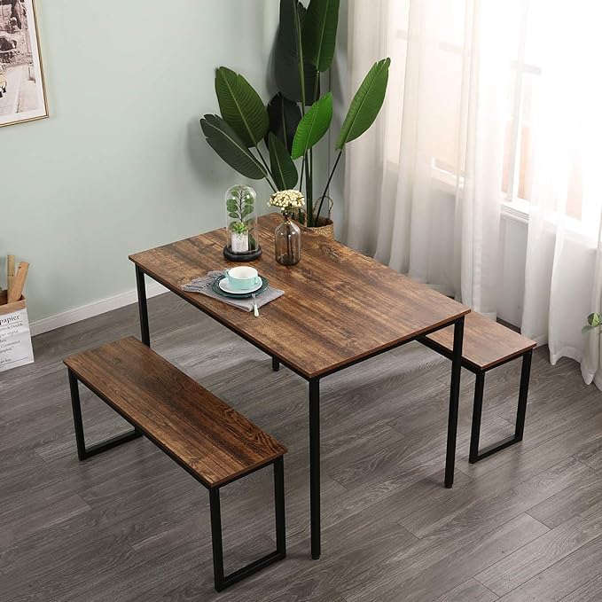 SDHYL Dining Table Set, 45in Dining Table Sets with 2 Benches, Dining Room Table Set for 3, Small Rectangular Wood Dining Table with 2 Bench Chairs/3 Piece Set for Home, Kitchen, Dining Room, Vintage - LeafyLoom