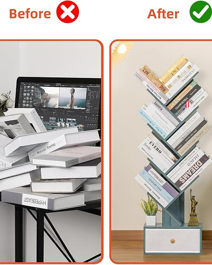 8 Tier Tree Bookshelf with Drawer, Free Standing Wood Bookcase for Narrow Space, Storage Organizer Bookshelves for Books, Book Case for Home Office, Living Room, Bedroom, Navy Blue - LeafyLoom