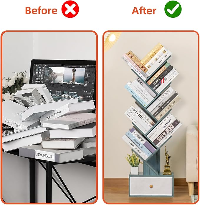 8 Tier Tree Bookshelf with Drawer, Free Standing Wood Bookcase for Narrow Space, Storage Organizer Bookshelves for Books, Book Case for Home Office, Living Room, Bedroom, Navy Blue - LeafyLoom