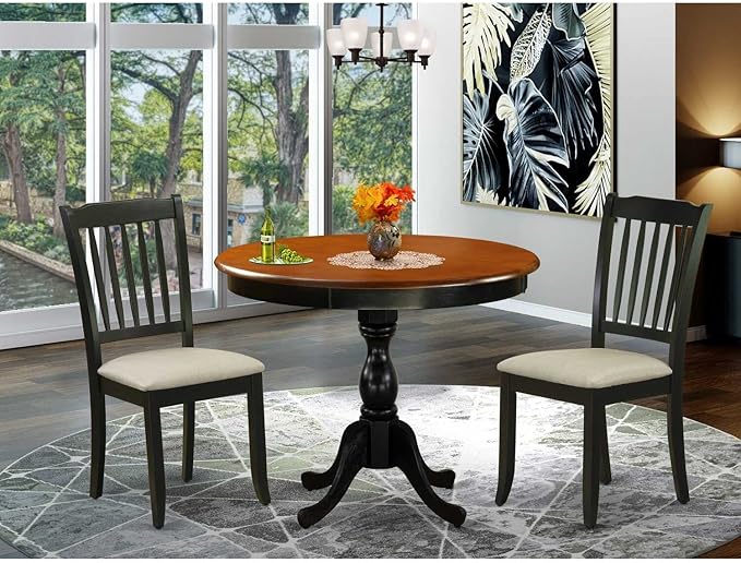 East West Furniture Antique 3 Piece Room Set Contains a Round Kitchen Table with Pedestal and 2 Dining Chairs, 36x36 Inch, AMCL3-BCH-W - LeafyLoom