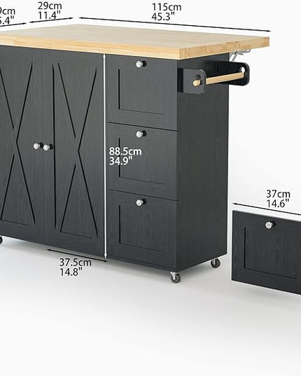 IRONCK Rolling Kitchen Island Cart with Drop-Leaf Countertop, Barn 3Drawers, Barn Door Style Cabine,Thicker Rubberwood Top, Spice Rack, on Wheels, for Kitchen and Dining Room, Black - LeafyLoom