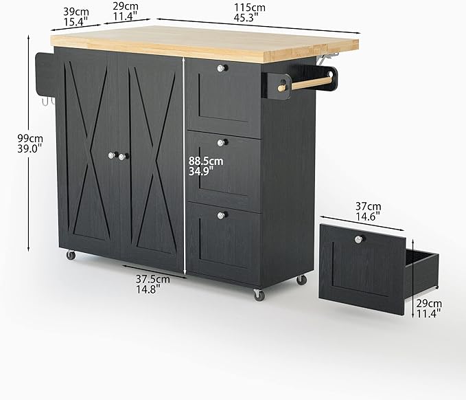 IRONCK Rolling Kitchen Island Cart with Drop-Leaf Countertop, Barn 3Drawers, Barn Door Style Cabine,Thicker Rubberwood Top, Spice Rack, on Wheels, for Kitchen and Dining Room, Black - LeafyLoom