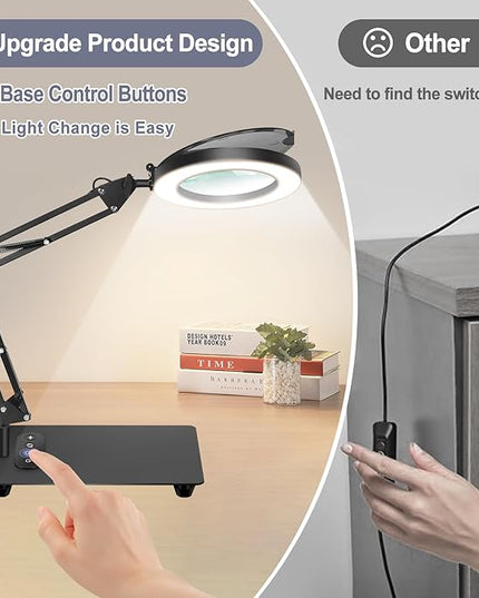 Magnifying Glass with Light with Base Controler, 5 Color Modes Stepless Dimmable LED Lighted Desk Lamp,Magnifying Glass with Light and Stand, Hands-Free Desk Magnifier Light for Craft Hobby Painting - LeafyLoom