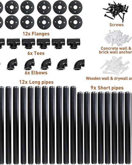 HITOMEN Industrial Iron Pipe Shelves, 3 Set 4-Tier, 42" Tall, 12" Depth, DIY Open Bookshelf Bookcase, Wall Mounted Vintage Retro Shelving, Rustic Farmhouse Pantry Kitchen Storage, Black Shelf Brackets - LeafyLoom