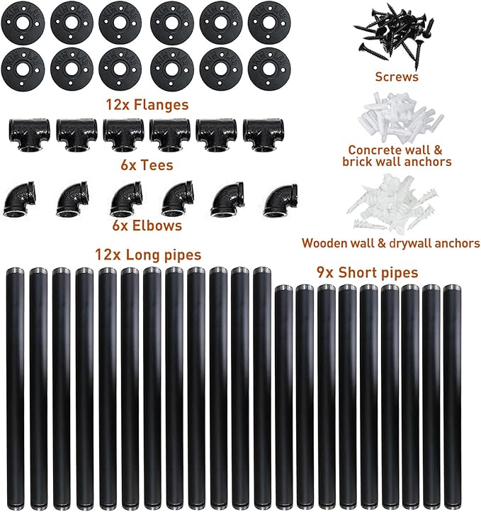 HITOMEN Industrial Iron Pipe Shelves, 3 Set 4-Tier, 42" Tall, 12" Depth, DIY Open Bookshelf Bookcase, Wall Mounted Vintage Retro Shelving, Rustic Farmhouse Pantry Kitchen Storage, Black Shelf Brackets - LeafyLoom
