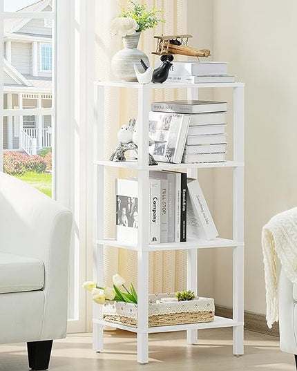 4 Tier Tall Wooden Bookshelf with Storage, Narrow Bookcase for Small Space, Small Book Shelf for Living Room, Office, Bedroom, Kitchen, Industrial, White - LeafyLoom