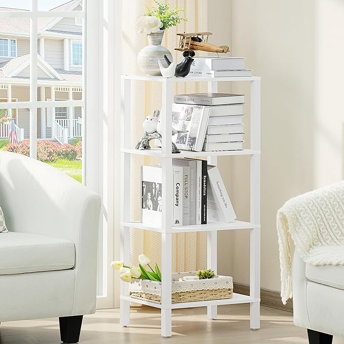 4 Tier Tall Wooden Bookshelf with Storage, Narrow Bookcase for Small Space, Small Book Shelf for Living Room, Office, Bedroom, Kitchen, Industrial, White - LeafyLoom