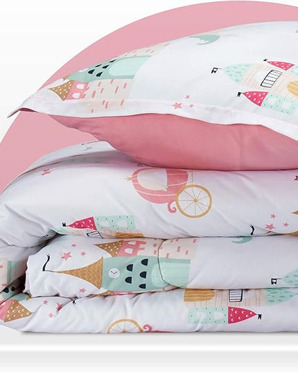SLEEP ZONE Kids Bedding Comforter Set Full/Queen Size - Super Soft & Cute Printed 3-Piece Comforter Set All Seasons for Boys, Girls, Fade Resistant, Machine Washable, Princess Castle - LeafyLoom