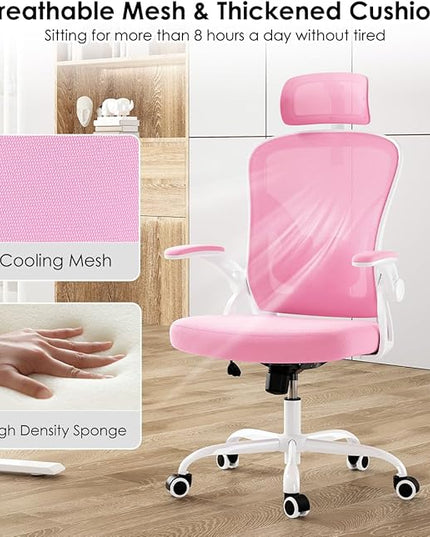 Farini Ergonomic Office Chair, Home Office Desk Chair with Headrest, High Back Computer Chair with Flip-up Armrests and Adjustable Lumbar Support for Home Office Study Room Bedroom, Pink. - LeafyLoom