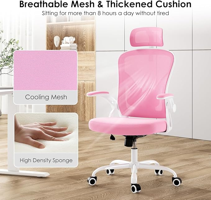 Farini Ergonomic Office Chair, Home Office Desk Chair with Headrest, High Back Computer Chair with Flip-up Armrests and Adjustable Lumbar Support for Home Office Study Room Bedroom, Pink. - LeafyLoom