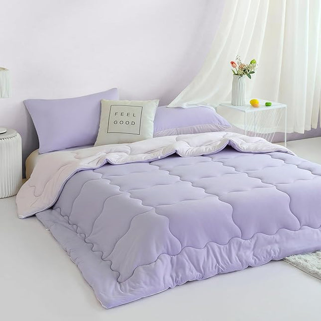 COTTEBED Reversible Ultra-Soft Purple and Light Pink King Size Bed Comforter Set, Jersey Knit T-Shirt Feel Cute Comy Bedding Down Blanket Quilt & Pillowcase Lightweight All Season California Cal King - LeafyLoom