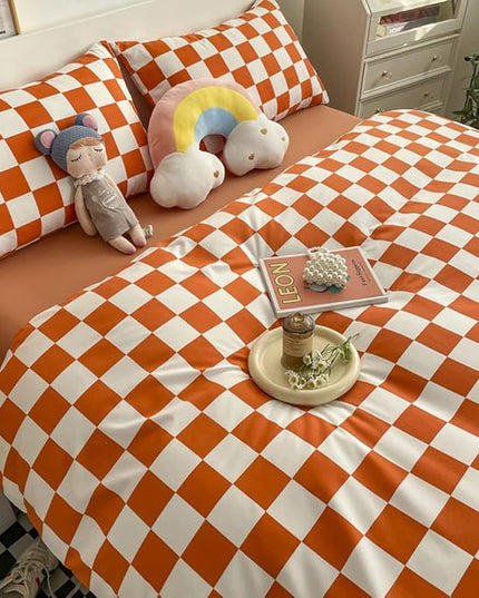 Wellboo Orange White Plaid Comforter Sets Queen Women Girls Light Red Checkerboard Bedding Comforters Cotton Rust Caramel and White Checkered Geometric Quilts Adults Modern Grid Abstract Simple Bed - LeafyLoom