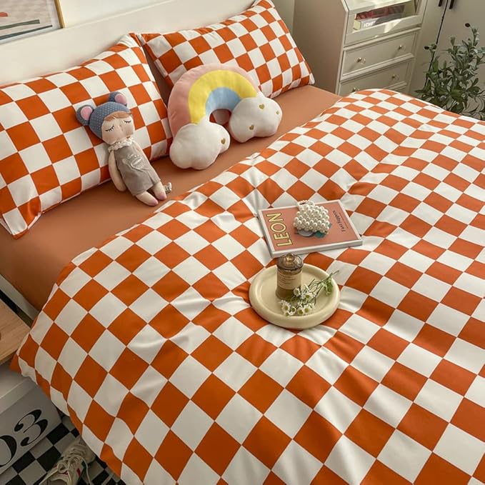 Wellboo Orange White Plaid Comforter Sets Queen Women Girls Light Red Checkerboard Bedding Comforters Cotton Rust Caramel and White Checkered Geometric Quilts Adults Modern Grid Abstract Simple Bed - LeafyLoom
